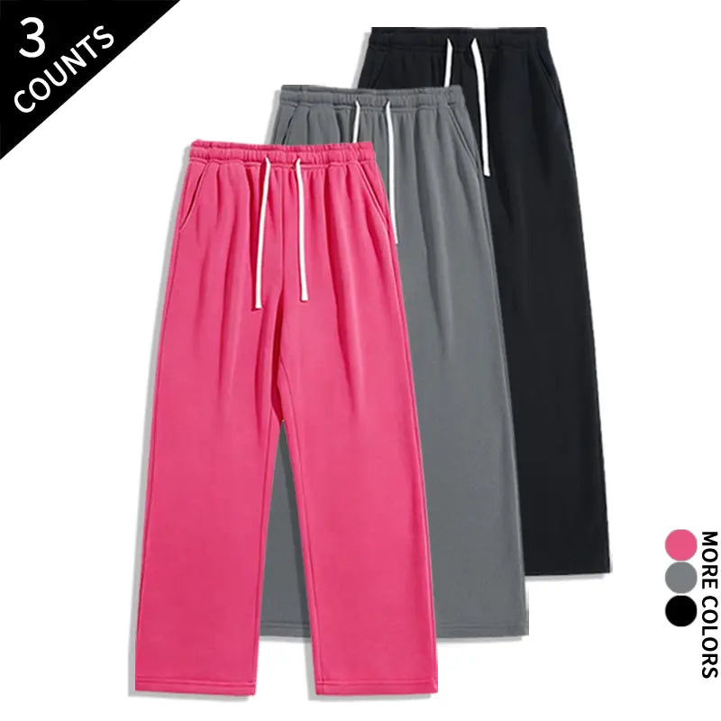 Men's 3-Pack Wide-Leg Athleisure Sweatpants - Soft Polyester Stretch Fabric, Drawstring Elastic Waist, Loose-Fit Full Length, Wide-Leg Street Fit for Daily Workout, Outdoors
