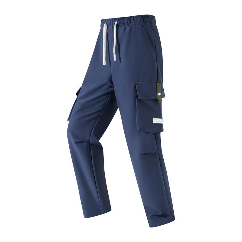 Men’s Cargo Pants - Menswear, Plain Basic Minimalist Polyester, Drawstring Elastic Waistband, Multiple Pockets, Versatile for Spring Autumn Everyday Casual Back-to-School Wear