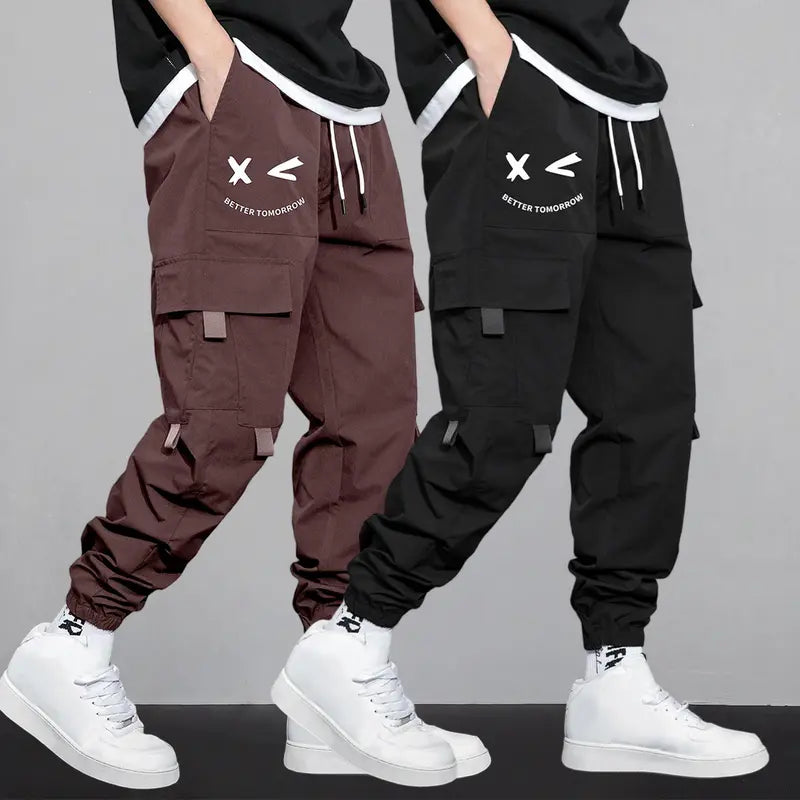 Men's Cartoon Face & Letter Print Drawstring Waist Cargo Pants, Casual Regular Fit Utility Jogger Bottoms, Men's Trousers for All Seasons, Pants for Men, Mens Pants, Pants for Men Menswear Grey