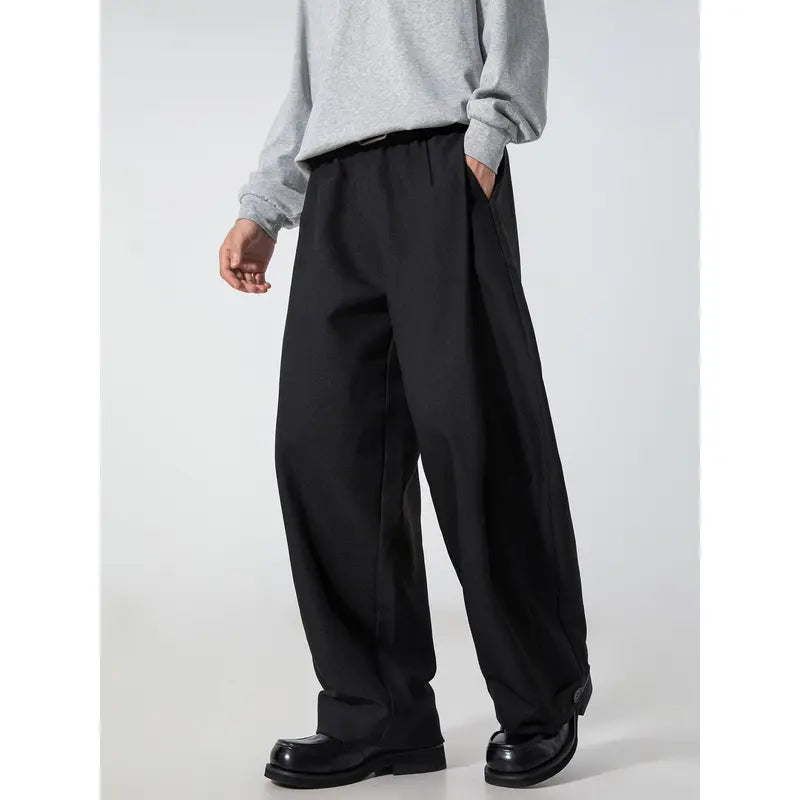 Men's High-Rise Comfy Long Pants - Baggy Wide-Leg, Pleated, Plain, Below the Ankle, Machine-Washable Retro Streetwear Menswear Trousers