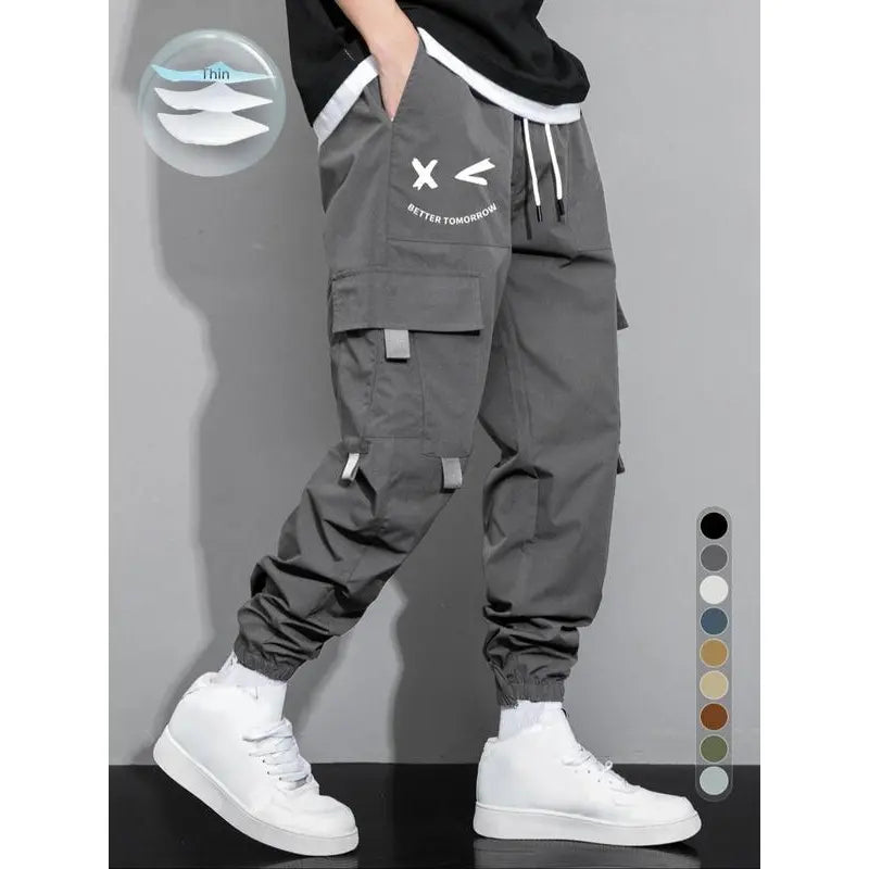 Men's Cartoon Face & Letter Print Drawstring Waist Cargo Pants, Casual Regular Fit Utility Jogger Bottoms, Men's Trousers for All Seasons, Pants for Men, Mens Pants, Pants for Men Menswear Grey