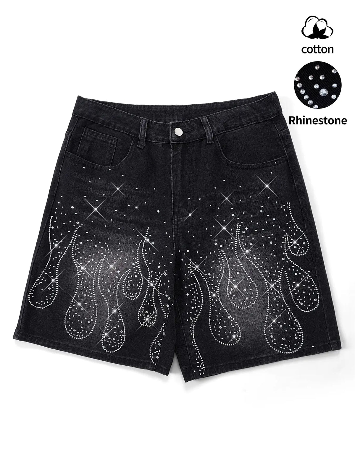 Diamond-studded casual jeans, black fully-studded cross-shaped casual baggy denim shorts, American street style, avant-garde casual denim cropped pants, fashion trends, suitable for men with taste, Loose, Menswear
