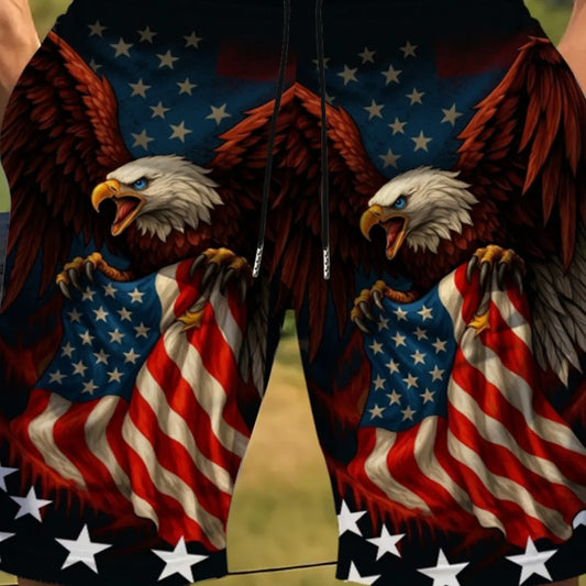 American 250th Anniversary Flame Flag Eagle Men's Casual Summer Shorts, All Over Print, Polyester Comfortable Lightweight, Drawstring Waist, Pocketed, Casual Beachwear, Fashionable