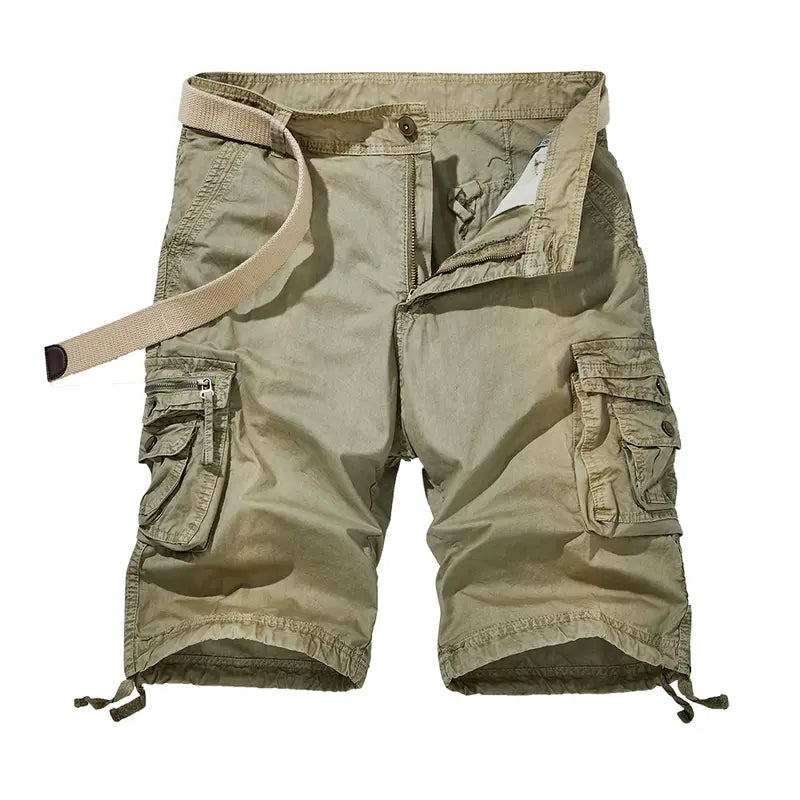 Men's Fashion Mid-Waist Cotton Basic Belted Cargo Shorts - Regular Fit, Multifunctional Pockets, Straight Design, Outdoor Ready, for Casual Wear