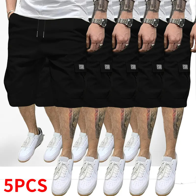 Men’s 5-Piece Extra Baggy Cargo Shorts Set - Men's Bottoms Activewear, Adjustable Drawstring Mid-Waist, Casual Chic Woven, Multi-Pocket, 4-Way Stretch, Cold Wash, Straight Cut, Summer Loose Jorts, Ideal for Camping, Father's Day Gifts, Extra Baggy Men's S