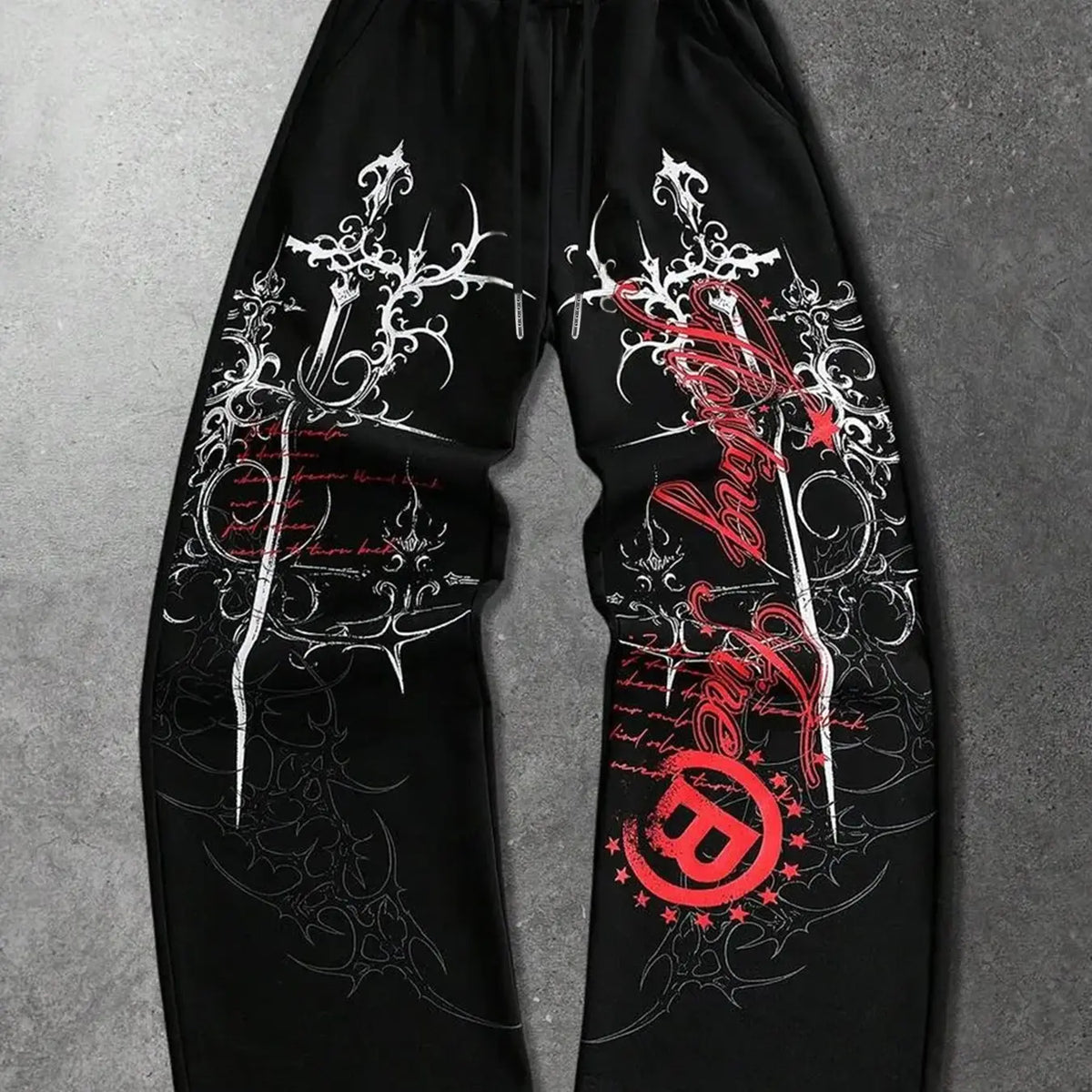 Men's Gothic Tribal Print Baggy Sweatpants - Black Wide Leg Joggers with Red Tattoo Style Graphic, Elastic Drawstring Waist Streetwear Pants Casual Comfy Drawstring for Gen Z Skatewear & Y2K Grunge Aesthetic All Seasons Trousers