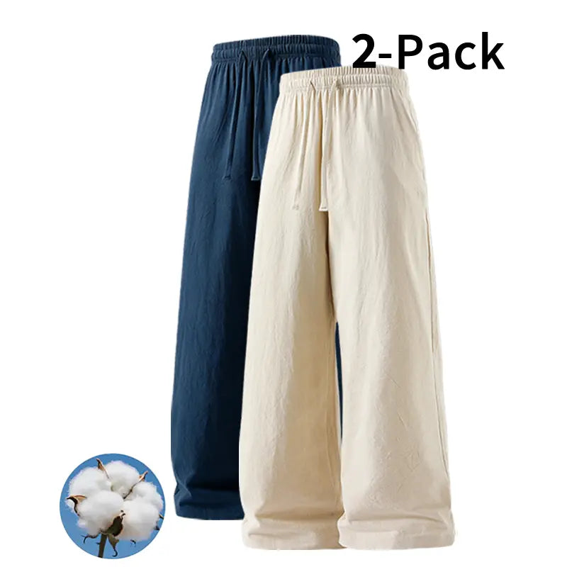 Men's 2-Pack Casual Linen-Cotton Blend Drawstring Pants, Baggy Fit, Lightweight, Anti-Wrinkle, Non-See-Through Menswear Trousers