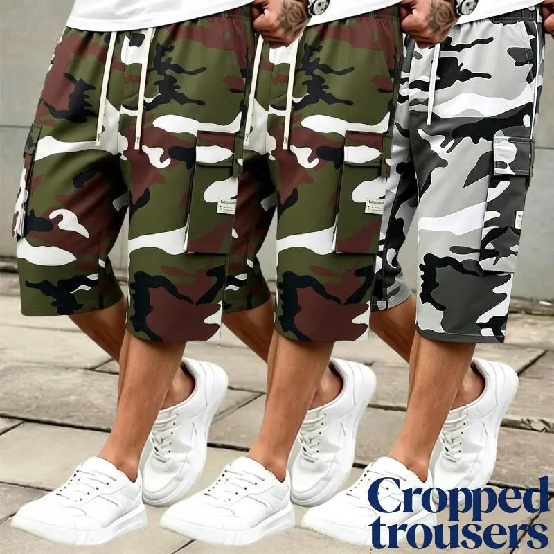 Men's 3-piece Camo Cargo seven-quarter trousers Capriers – Multi-Pocket Design, Drawstring Waistband, Casual Streetwear Shorts, Perfect for Everyday Wear & Urban Styling SpringStatements