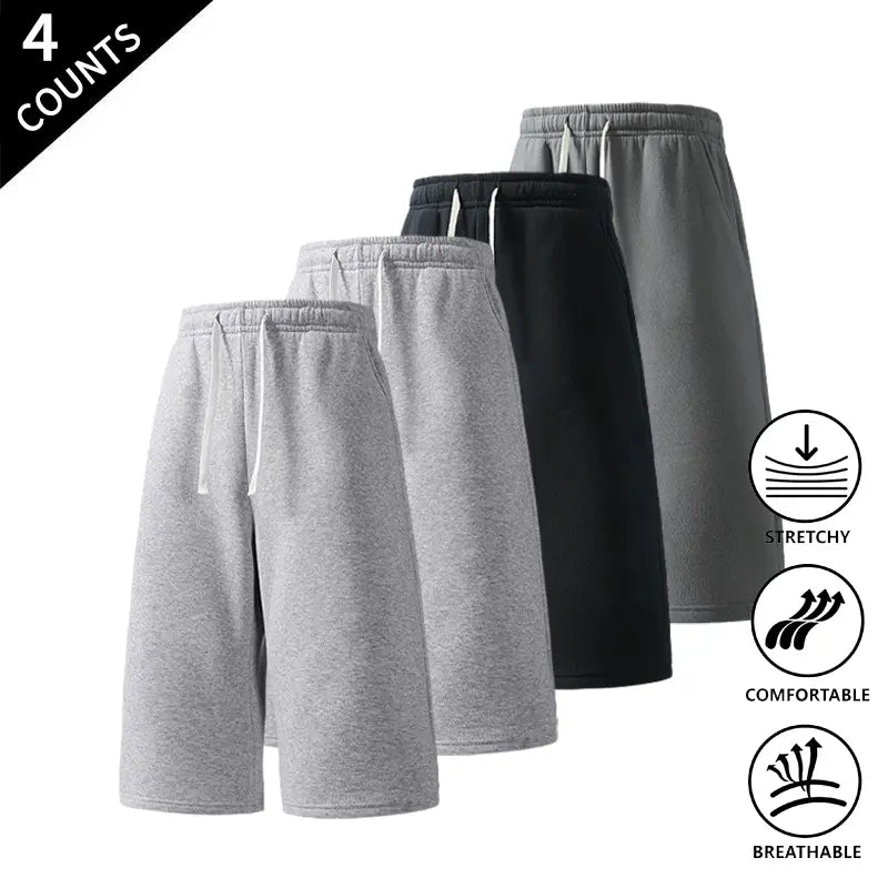 Men's Plain Stretchy Polyester Mid-Calf Cropped Trousers 4-Pack - Activewear Bottoms, Move with Ease, Outdoor Ready for Casual Use - Light Gray, Black, Rose Red, Navy Blue
