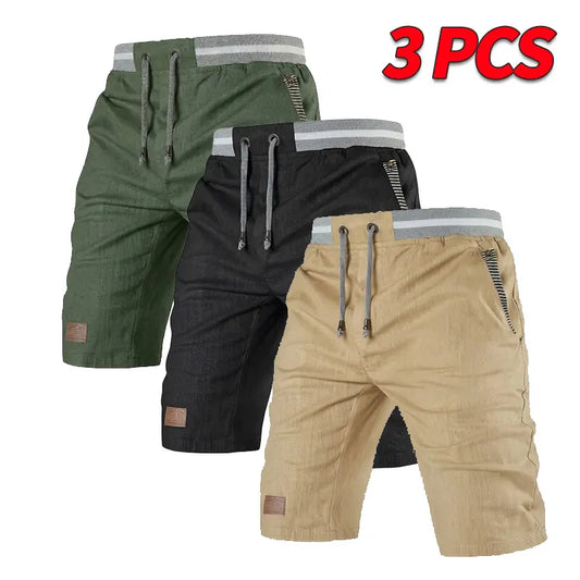 Men’s Classic Relaxed High Waist Quick-Dry Bermuda Shorts 3-Pack - Soft, Breathable, Wear-Resistant Fabric, Adjustable Elastic Waistband with Drawstring, Striped Pockets, Leather Patch, Contrast Binding, Fashion Menswear Basics for Outdoors, Commuting