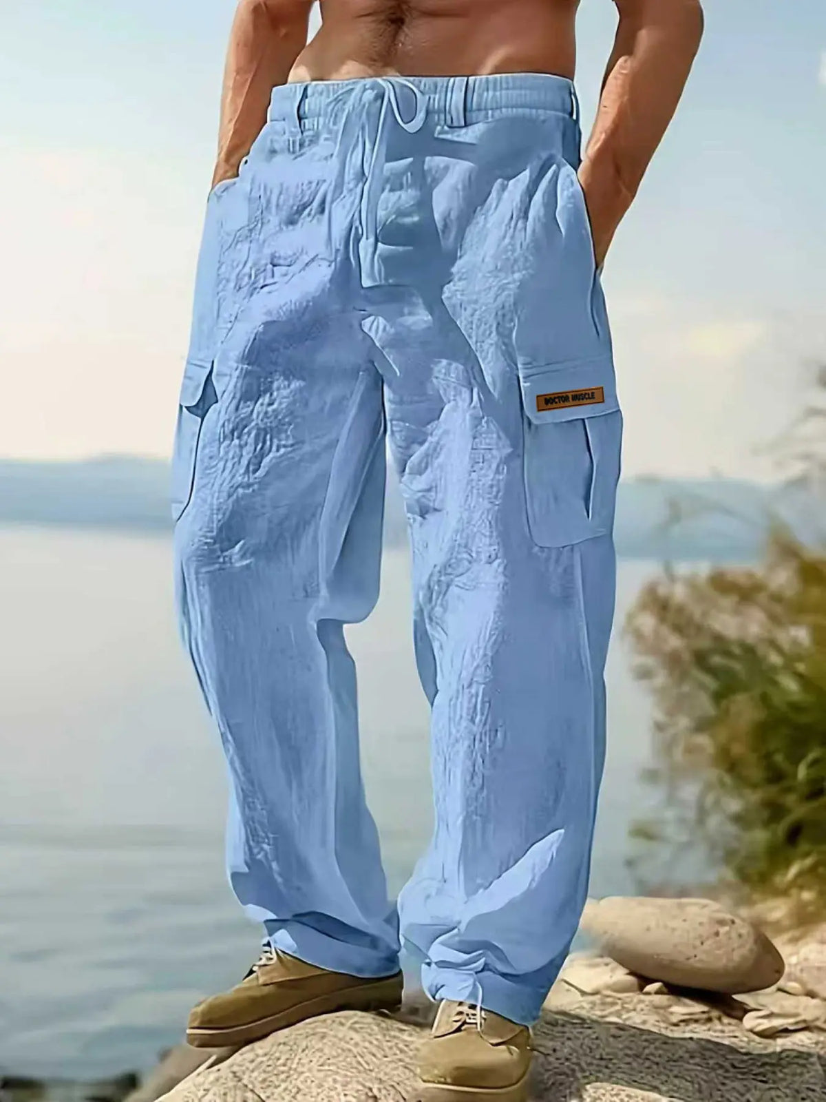 Men's Workwear Linen Pants Multi-Pocket Straight Leg, Breathable Bottom Plain Casual Pants for Spring & Fall, Outdoor Beach Wear