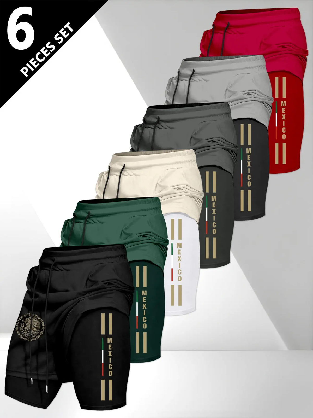 Men's Drawstring Pocket Waistband Daily, Sports Drawstring Shorts, Mexican Emblem Print, Comfortable Breathable Fabric, Durable Material, Perfect Gift