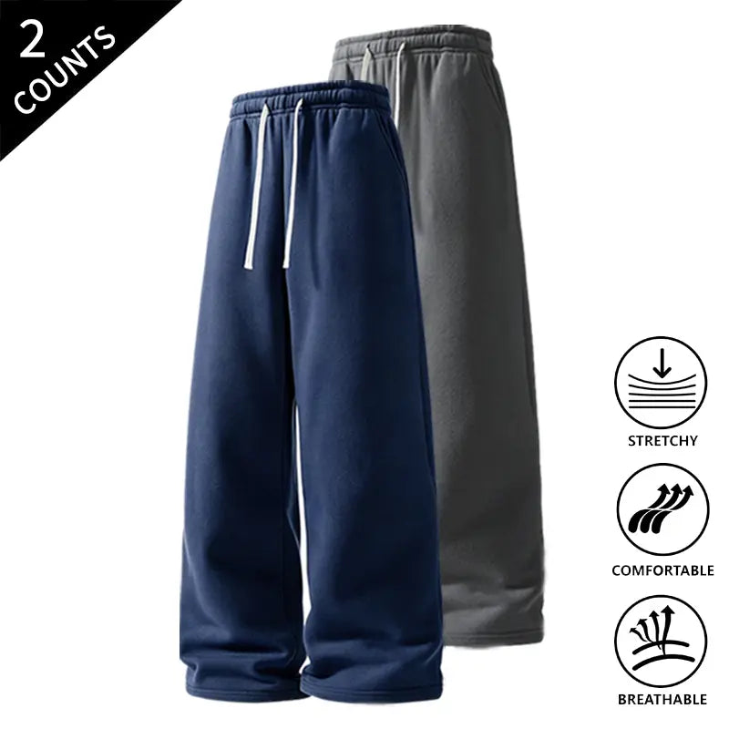 Men’s 2-Pack Baggy Sweatpants - Mid-Waist Plain Casual Straight-Leg Menswear Pants with Drawstring Waist, Comfortable, Stretchable, Breathable, Ideal for Loungewear, Travel