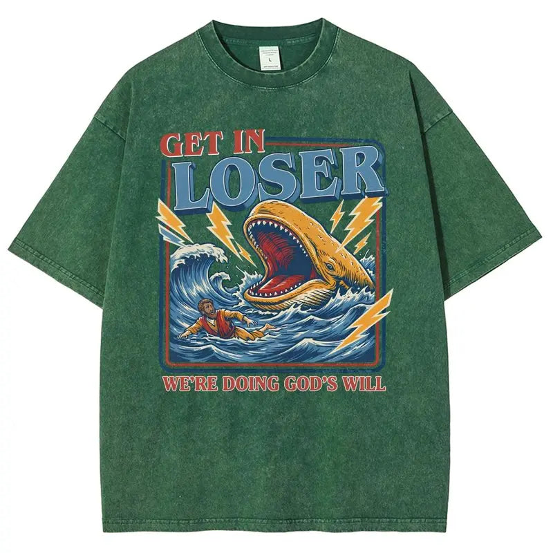 Men's Unisex Cotton Round Neck Oversized Washed T-Shirt - Jesus Christian Streetwear, Jonah and the Whale Graphic, "Get In Loser We're Doing God's Will" Verse, Faith Humor Fabric Style Religious Gift