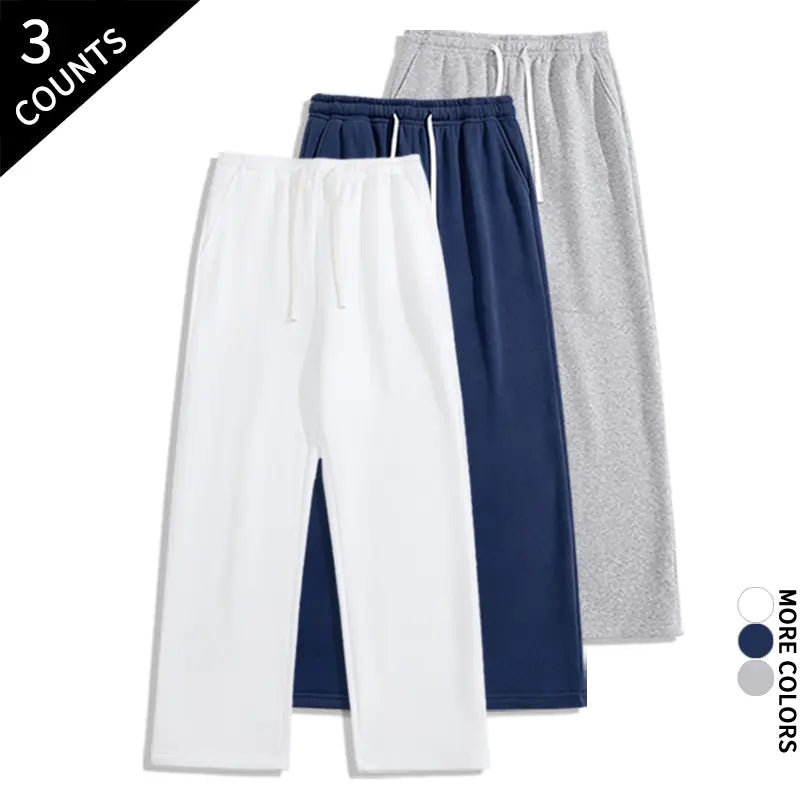 Men's 3-Pack Wide-Leg Athleisure Sweatpants - Soft Polyester Stretch Fabric, Drawstring Elastic Waist, Loose-Fit Full Length, Wide-Leg Street Fit for Daily Workout, Outdoors