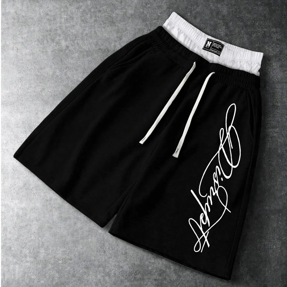 Men’s Oversized Baggy Knee Length Sweat Shorts Soft Breathable Terry Fabric Dual Layer Tartan Plaid Patchwork Waistband Elastic White Drawstring Casual Streetwear Shorts Elegant Cursive Script Signature White Letter Print Side Pocket Loose Summer Athletic