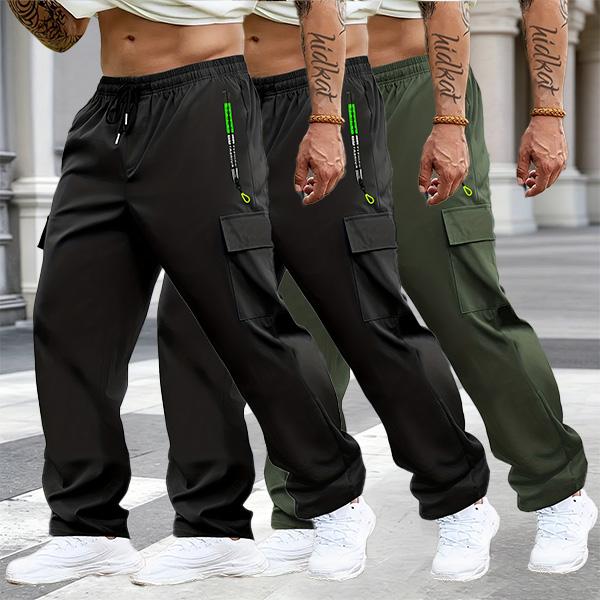 Men's Multi-Pack Cargo Work Pants - Lightweight Stretch Waist Activewear with Multiple Pockets, Comfortable Fit Casual Athletic Men's Wear, Plain Outdoor to Office Menswear