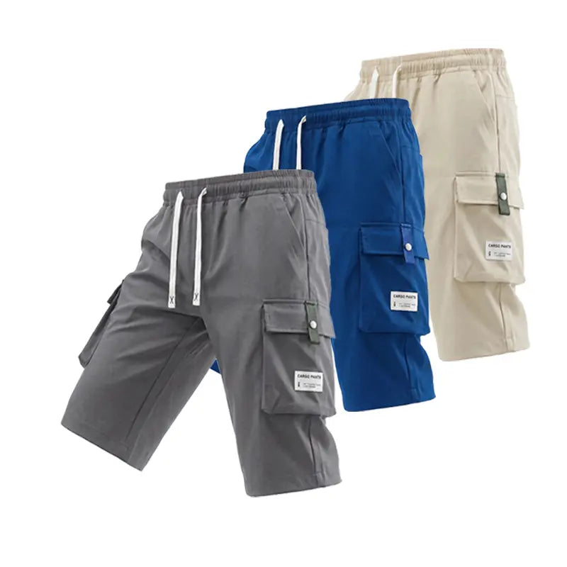 Men's Regular Woven Non-Stretch Fabric Cargo Shorts 5-Pack - 7/8 Knee Length, Mid-Waist, Loose Baggy Style, Elastic Drawstring Waist, Large Pockets, Letter Patch Design, Summer Casual Athletic Bottoms