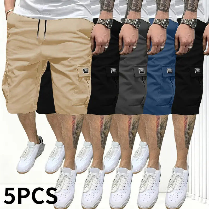 Men’s 5-Piece Extra Baggy Cargo Shorts Set - Men's Bottoms Activewear, Adjustable Drawstring Mid-Waist, Casual Chic Woven, Multi-Pocket, 4-Way Stretch, Cold Wash, Straight Cut, Summer Loose Jorts, Ideal for Camping, Father's Day Gifts, Extra Baggy Men's S