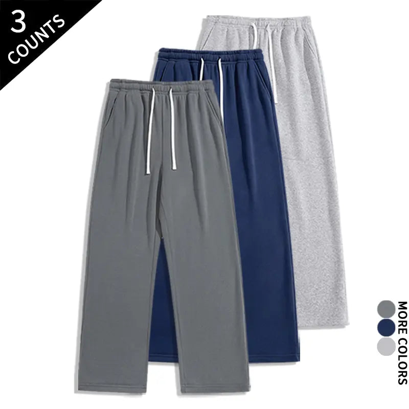 Men's 3-Pack Wide-Leg Athleisure Sweatpants - Soft Polyester Stretch Fabric, Drawstring Elastic Waist, Loose-Fit Full Length, Wide-Leg Street Fit for Daily Workout, Outdoors