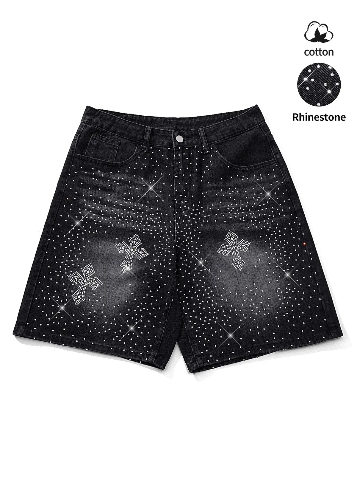 Diamond-studded casual jeans, black fully-studded cross-shaped casual baggy denim shorts, American street style, avant-garde casual denim cropped pants, fashion trends, suitable for men with taste, Loose, Menswear