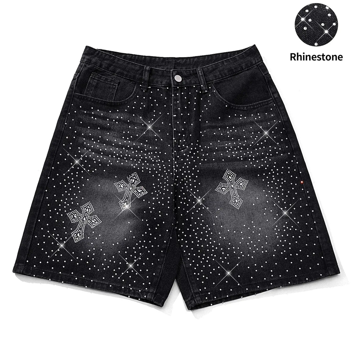 Diamond-studded casual jeans, black fully-studded cross-shaped casual baggy denim shorts, American street style, avant-garde casual denim cropped pants, fashion trends, suitable for men with taste, Loose, Menswear