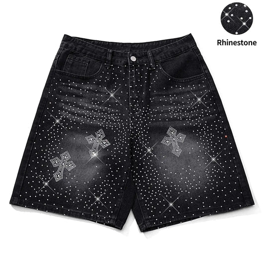 Diamond-studded casual jeans, black fully-studded cross-shaped casual baggy denim shorts, American street style, avant-garde casual denim cropped pants, fashion trends, suitable for men with taste, Loose, Menswear