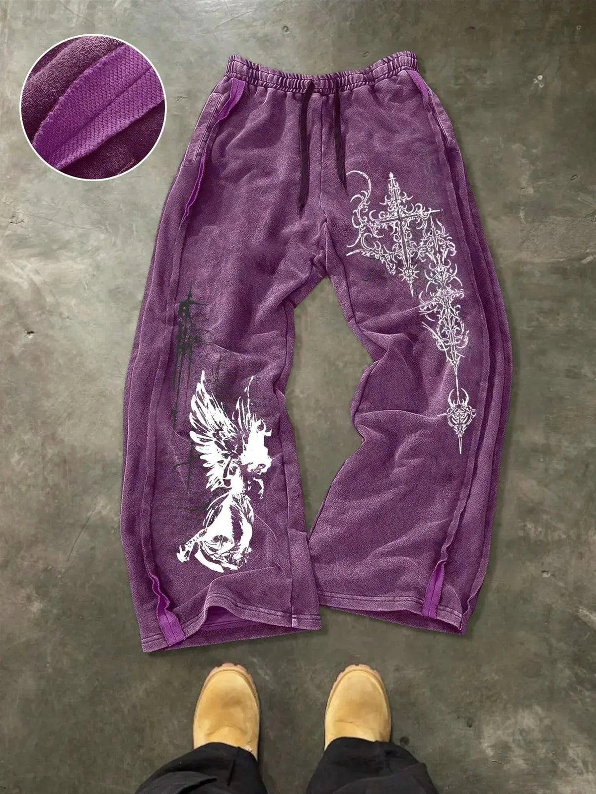 Men's Washed Cotton Sweatpants with Gothic Print, Contrast Side Stitching Detail, Comfortable Casual Pants for Daily Wear & Lounging