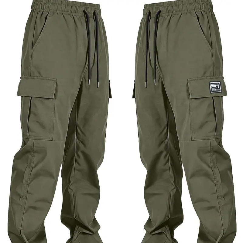 Men’s solid color tactical cargo pants — durable outdoor training pants with sport pockets; suitable for all seasons; casual streetwear pants.