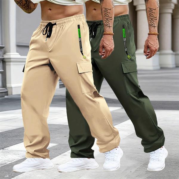 Men's Multi-Pack Cargo Work Pants - Lightweight Stretch Waist Activewear with Multiple Pockets, Comfortable Fit Casual Athletic Men's Wear, Plain Outdoor to Office Menswear