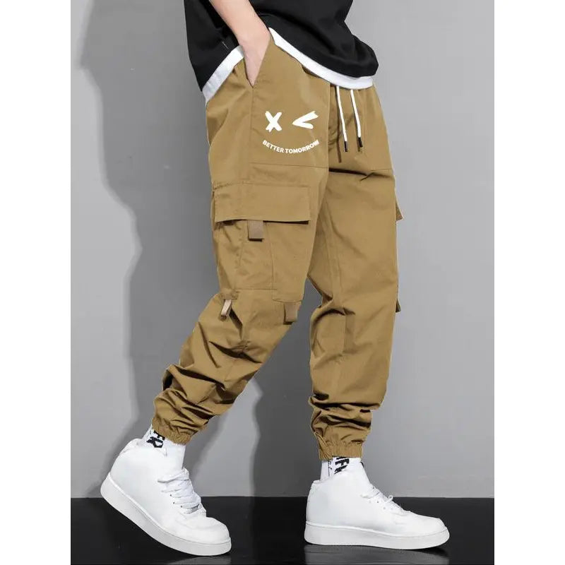 Men's Cartoon Face & Letter Print Drawstring Waist Cargo Pants, Casual Regular Fit Utility Jogger Bottoms, Men's Trousers for All Seasons, Pants for Men, Mens Pants, Pants for Men Menswear Grey