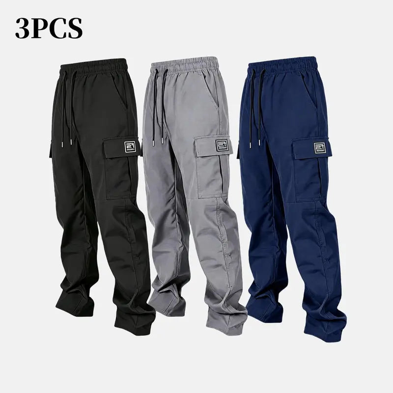 Men’s solid color tactical cargo pants — durable outdoor training pants with sport pockets; suitable for all seasons; casual streetwear pants.