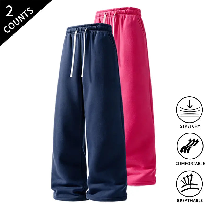 Men’s 2-Pack Baggy Sweatpants - Mid-Waist Plain Casual Straight-Leg Menswear Pants with Drawstring Waist, Comfortable, Stretchable, Breathable, Ideal for Loungewear, Travel