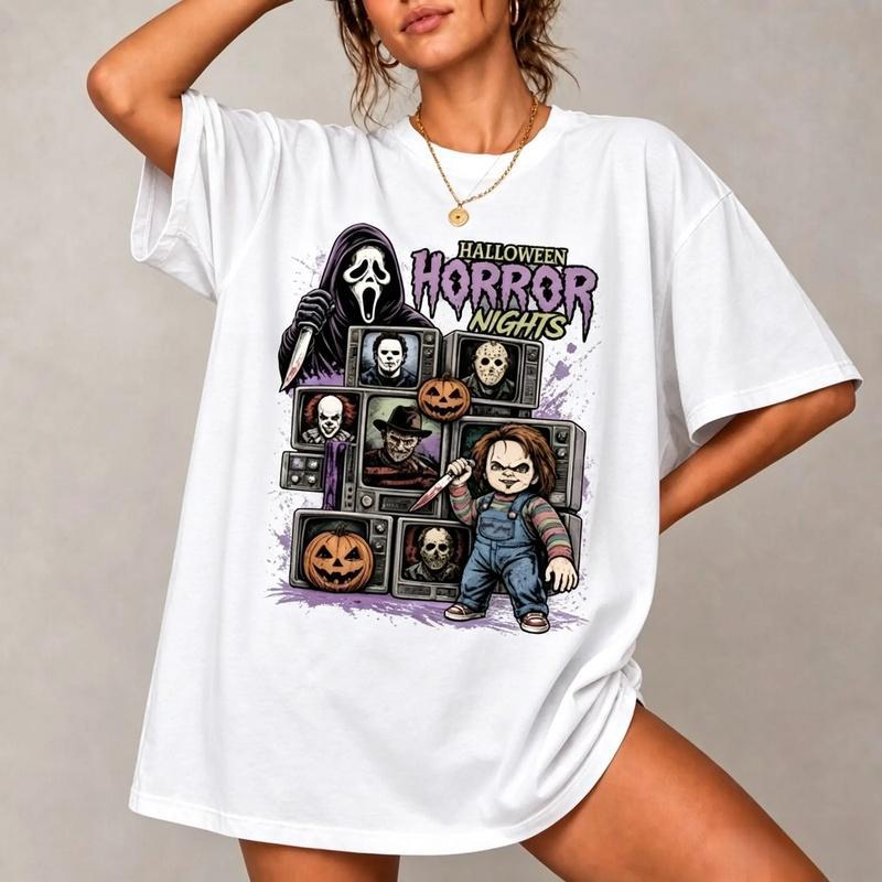 Spooky‑Season Classic Horror Character Graphic T‑Shirt, Unisex Casual Crew Neck Short‑Sleeve Tee, Creepy Fall Outfit Tops for Horror Fans, Perfect Halloween‑Party Holiday Gift for Men Women