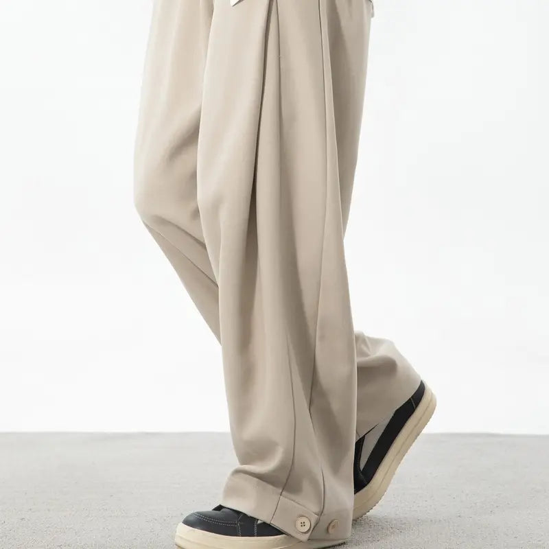 Men's High-Rise Comfy Long Pants - Baggy Wide-Leg, Pleated, Plain, Below the Ankle, Machine-Washable Retro Streetwear Menswear Trousers