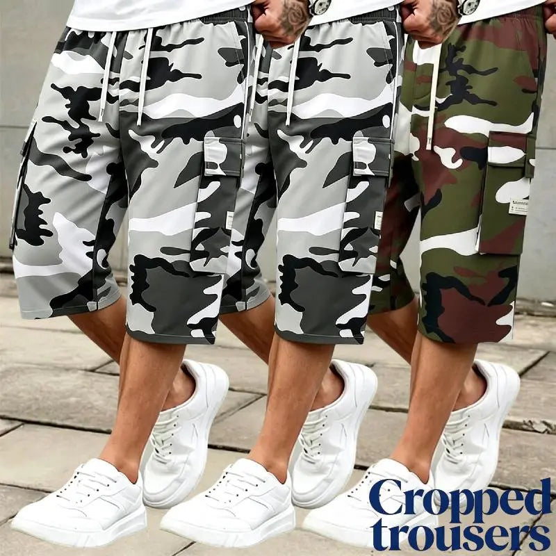 Men's 3-piece Camo Cargo seven-quarter trousers Capriers – Multi-Pocket Design, Drawstring Waistband, Casual Streetwear Shorts, Perfect for Everyday Wear & Urban Styling SpringStatements