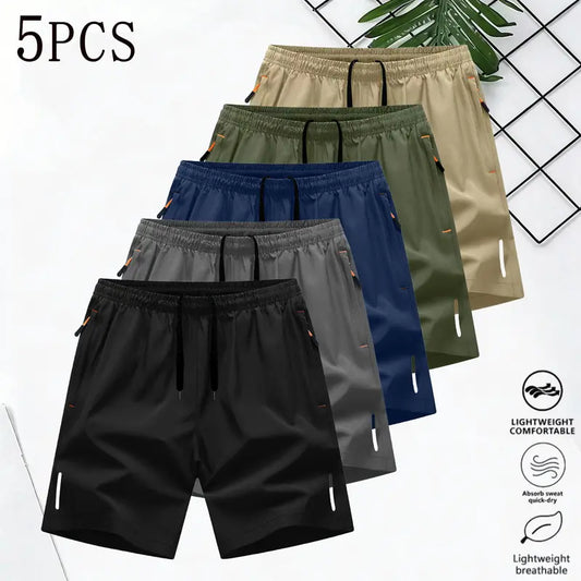 Men's Casual Breathable Gym Shorts - Elastic Waistband, Quick Dry, Zippered Pockets, Machine Washable, Multi-Color Set with Khaki Option, Solid Streetwear for Hiking, Running