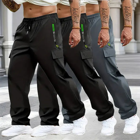 Men's Multi-Pack Cargo Work Pants - Lightweight Stretch Waist Activewear with Multiple Pockets, Comfortable Fit Casual Athletic Men's Wear, Plain Outdoor to Office Menswear
