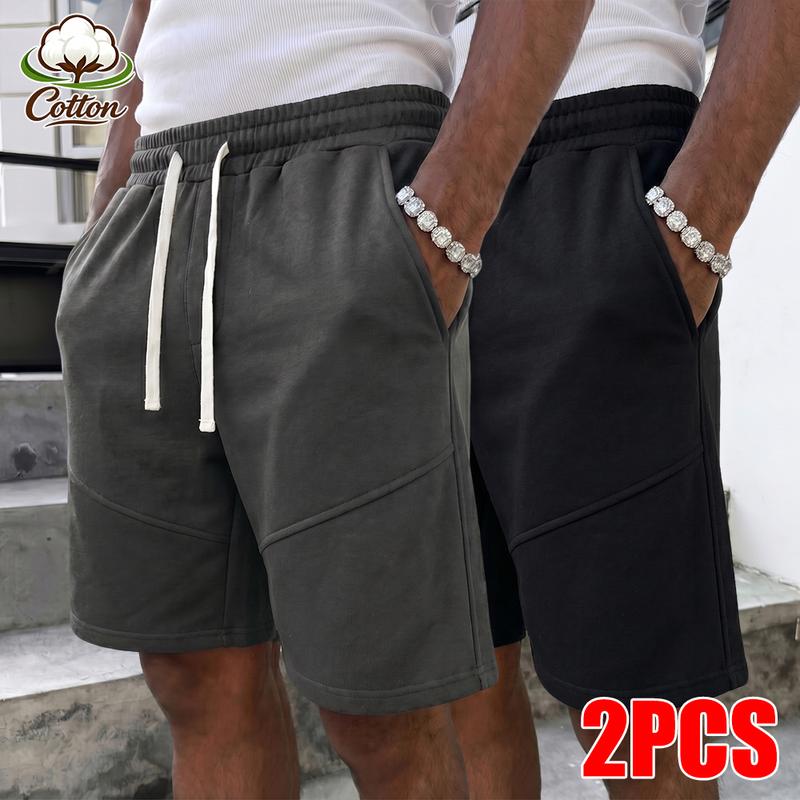 Men's 2-Pcs Black + White Cotton Casual Shorts - Stylish Menswear Loungewear, Elastic Waist Drawstring Loose-Fit, Diagonal Seam Design, Pockets for Daily & Sports Wear