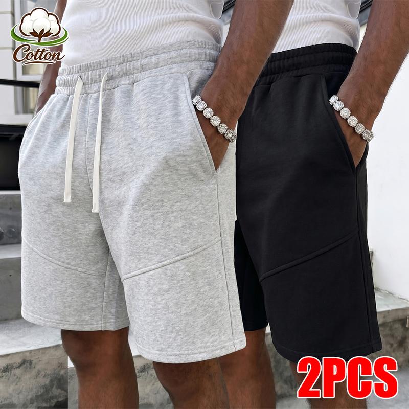 Men's 2-Pcs Black + White Cotton Casual Shorts - Stylish Menswear Loungewear, Elastic Waist Drawstring Loose-Fit, Diagonal Seam Design, Pockets for Daily & Sports Wear