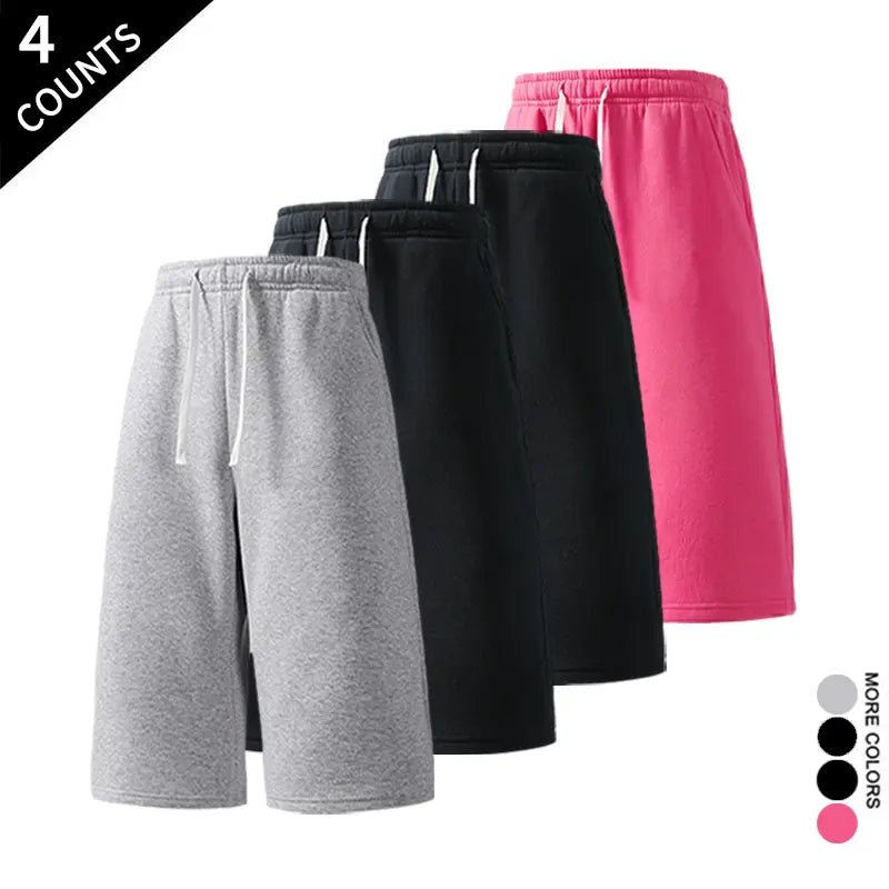 Men's 4-Pack 7-In Wide Leg Sweat Shorts - Elastic Waist, Drawstring, Deep Side Pockets, Sporty Chic Streetwear Shorts, Loose Fit Sweat Jorts, Easy Go-To for Casual Weekends, Ready for Gym, Errands, Travel (Light Gray, Black, Blush Pink, Dark Gray)