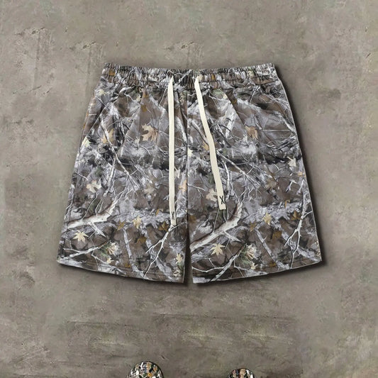 Men's Camo Branch Casual Trendy, Streetwear Fashion, Perfect for Hip Hop, Daily Wear, Vintage Style, Back-To-School Season, Camo Cargo Shorts, High Street Shorts