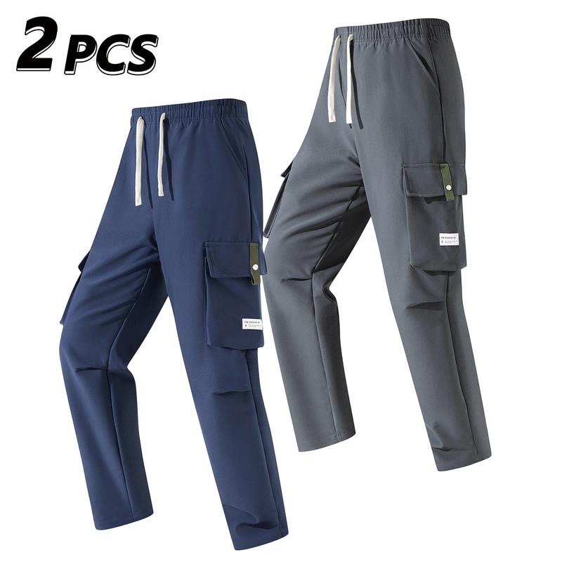 Men’s Cargo Pants - Menswear, Plain Basic Minimalist Polyester, Drawstring Elastic Waistband, Multiple Pockets, Versatile for Spring Autumn Everyday Casual Back-to-School Wear