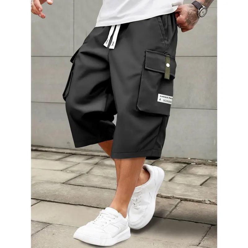 Men's Cropped Athletic Casual Cargo Shorts - Multi-Pocket Cargo Style, Elastic Waist, Adjustable Drawstring, Digital Print, Above-Knee, Cold Wash, XXS Size, Father’s Day Gift for Sports & Outdoor Activities, Athletic Casual Shorts