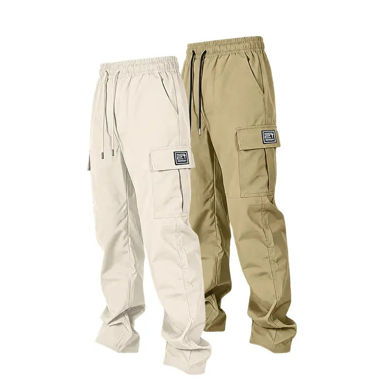 Men’s solid color tactical cargo pants — durable outdoor training pants with sport pockets; suitable for all seasons; casual streetwear pants.