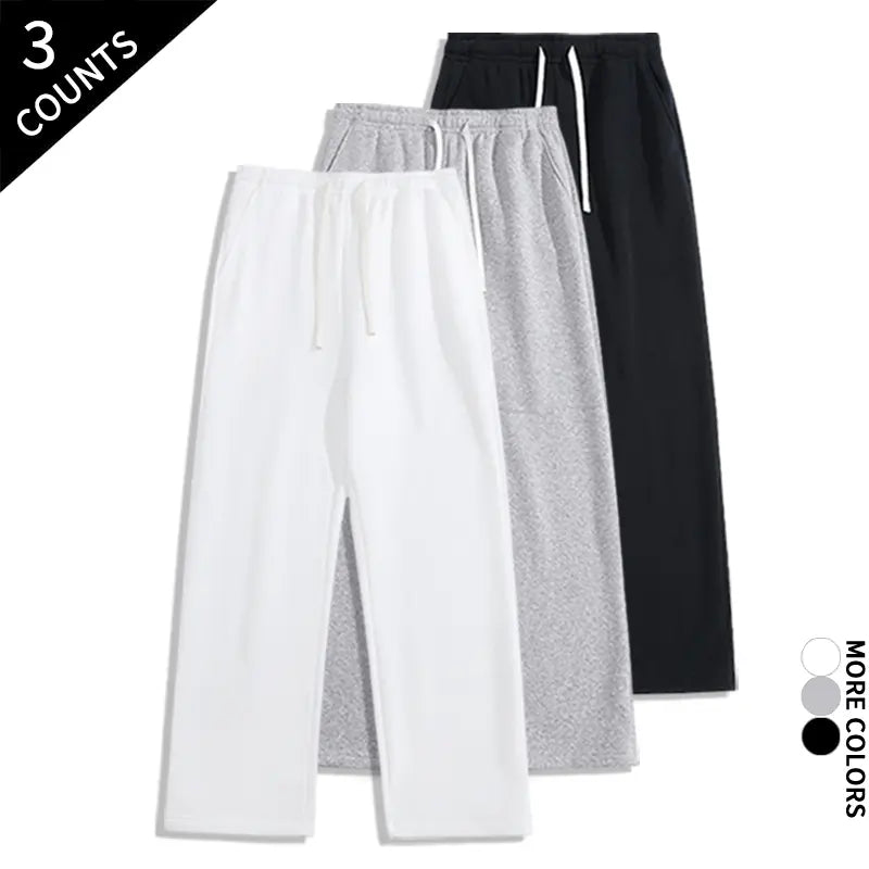 Men's 3-Pack Wide-Leg Athleisure Sweatpants - Soft Polyester Stretch Fabric, Drawstring Elastic Waist, Loose-Fit Full Length, Wide-Leg Street Fit for Daily Workout, Outdoors