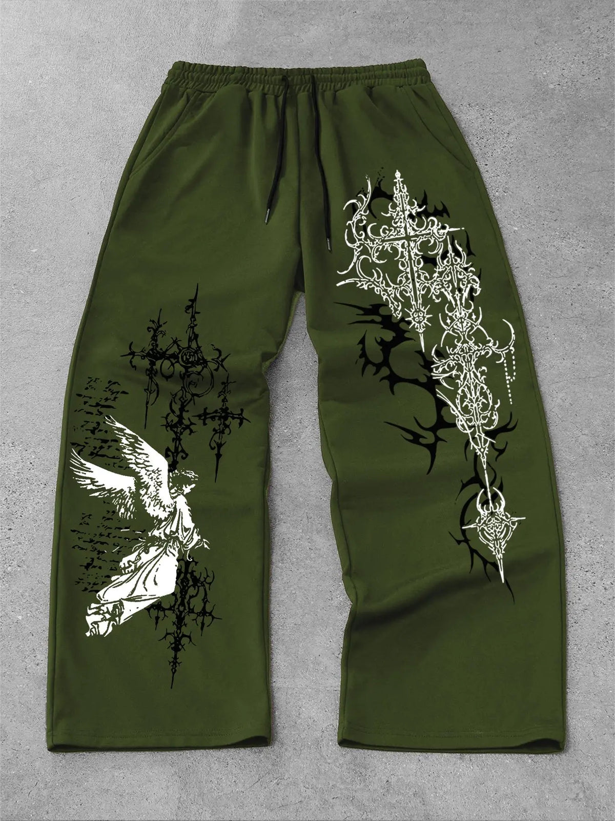 Men's and women's straight-leg Fitted pants featuring Gothic, Graphic Prints and angel motifs, These pants are perfect for streetwear, All Seasons Trousers, and ideal for both campus and everyday wear