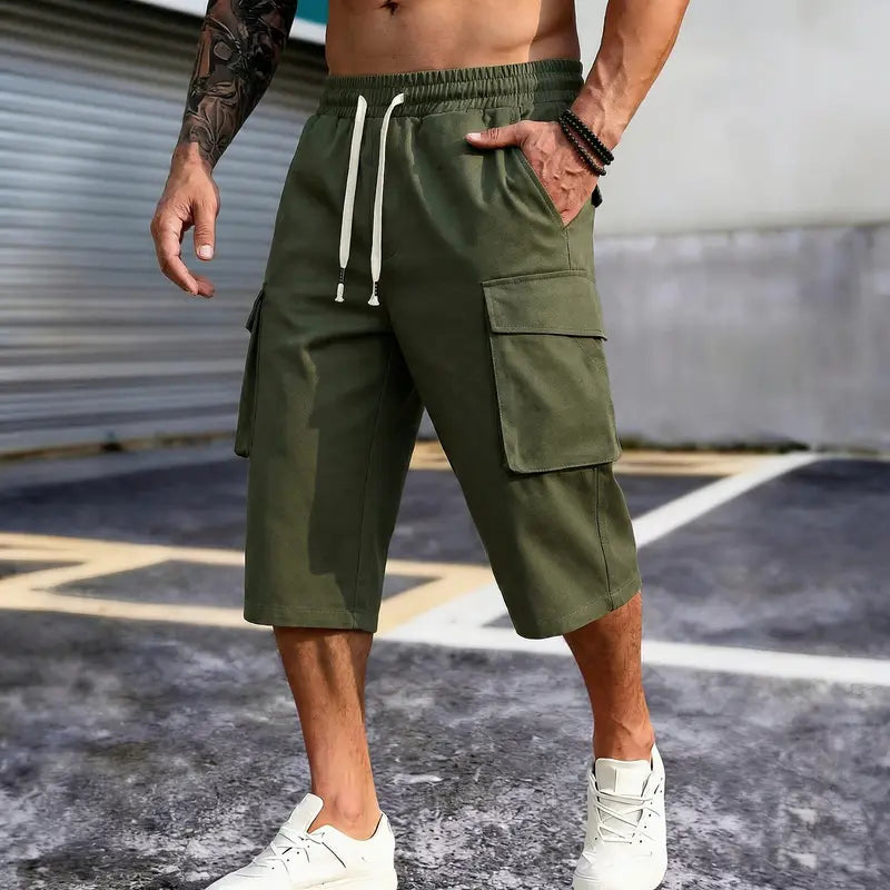 Menswear Men's Lightweight Polyester Outdoor Cargo Shorts - Drawstring Waist, Cargo Pockets, Casual Beige, Suitable for Camping, Hiking