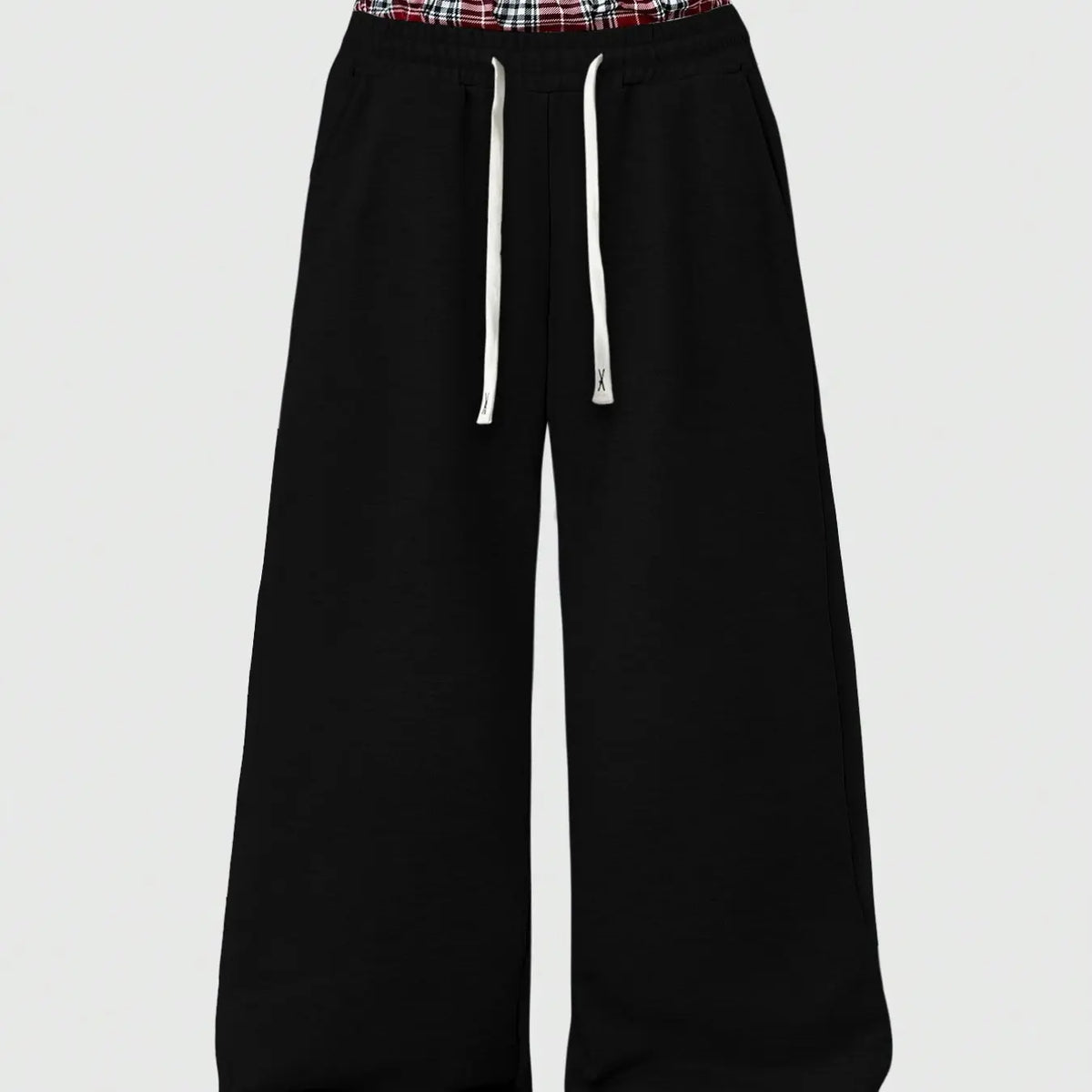 Men's Light Heather Gray Wide Leg Sweatpants, Double Layer Red Plaid Contrast Waistband, White Drawstring Closure, Side Seam Pockets Loose Y2K Streetwear Fashion Casual Trousers, Suitable For Daily Hip Hop Matching Casual Outdoor