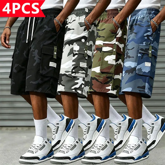 Men's 4-Pack Camo Pattern Cargo Shorts - Baggy Fit, Lightweight Wrinkle-Resistant Airy Fabric, Large-Capacity Utility Pockets, Drawstring Elastic Waistband, 4-Color Cargo Colorway Set, Casual Sportswear for Everyday Wear, Travel, Baggy Men's Shorts, Camo